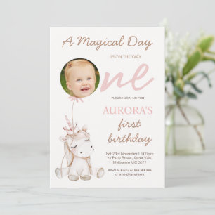 Photo Pink Balloon Girls Unicorn First Birthday Invitation