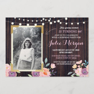 Photo Pink Birthday Floral Rustic Wood Invitations