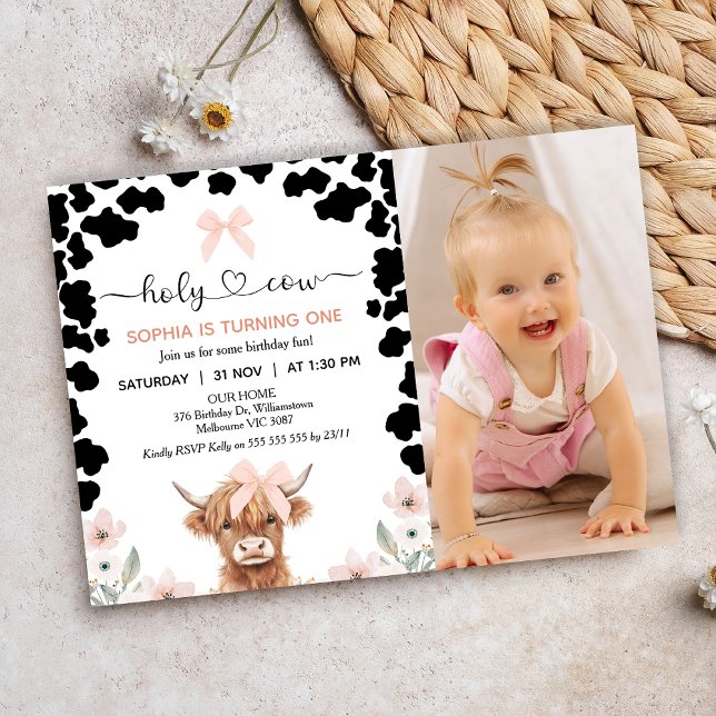 Photo Pink Black Bow Holy Cow Birthday Invitation (Girls Holy Cow Birthday Invitation, Holy Cow Invitation, Highland Cow Birthday Invitation, Cow Theme)
