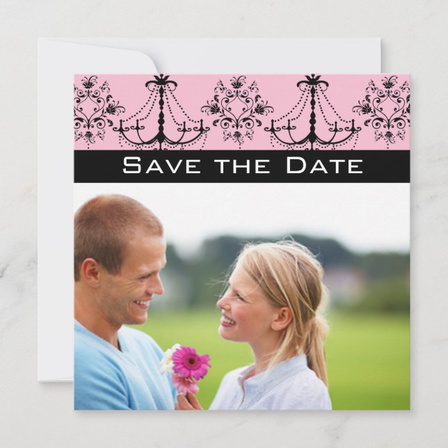 Photo Pink Black Damask Chandelier Save the Date Invitation (Front)