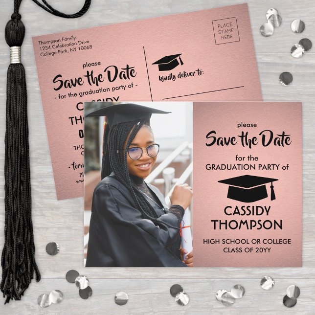 Photo Pink & Black Modern Graduation Save the Date Postcard (Creator Uploaded)