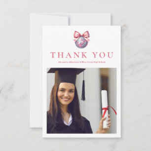 Photo Pink Bow Disco Ball Graduation Party Thank You Card