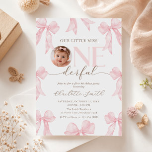 Photo Pink Bow Little Miss Onederful 1st Birthday Invitation