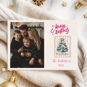 Photo Pink Bow Merry Christmas Holiday Card