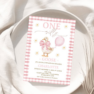 Photo Pink Bow One Silly Goose 1st Birthday  Invitation