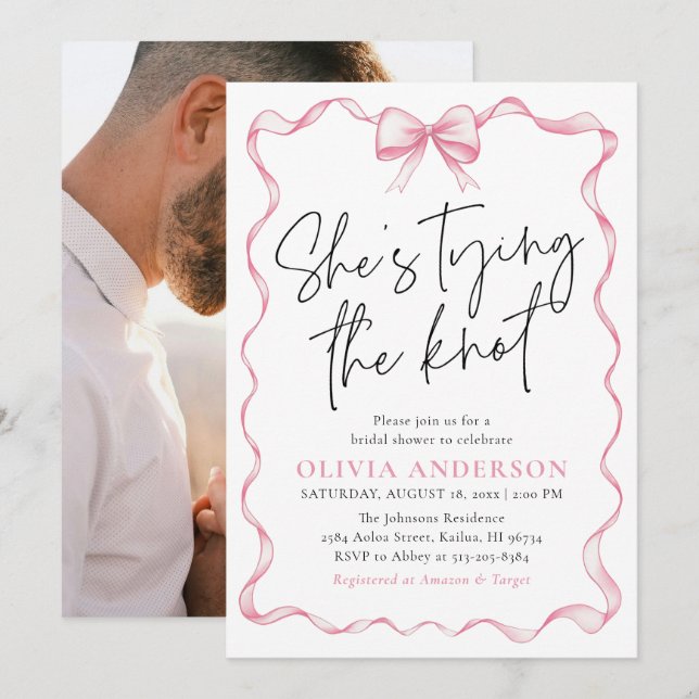 Photo Pink Bow She's Tying the Knot Bridal Shower Invitation (Front/Back)