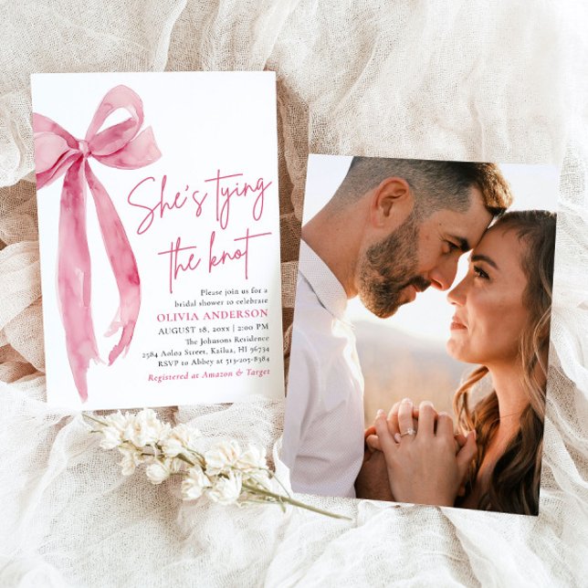 Photo Pink Bow She's Tying the Knot Bridal Shower Invitation (Watercolor Blush Pink Bow Coquette She's Tying the Knot Bridal Shower Invitation)