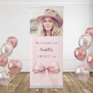 Photo pink bow Sweet 16 party welcome Retractable Banner