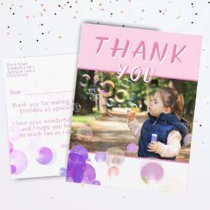 Photo Pink Bubbles Kids Birthday Party Thank you Postcard