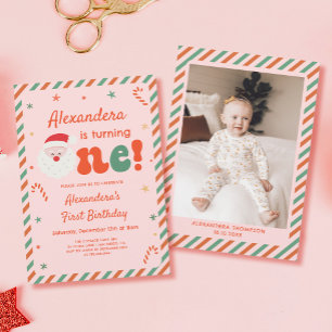 Photo Pink Christmas 1st Birthday Party Invitation