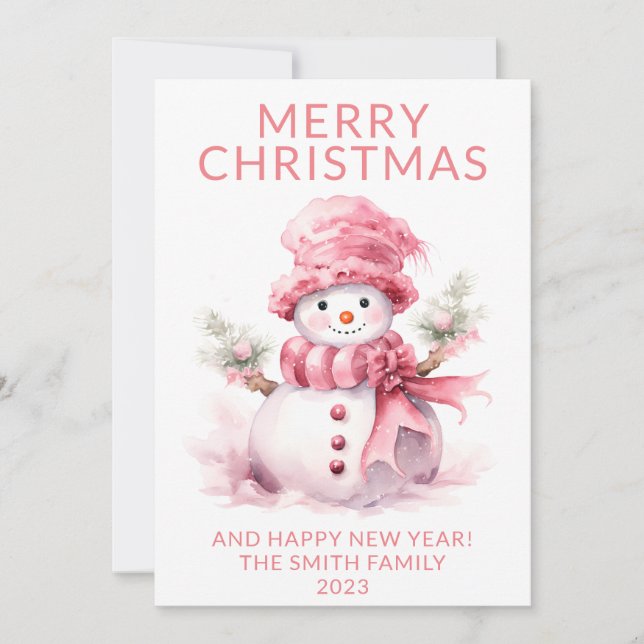 Photo Pink Christmas Snowman Holiday Card (Front)