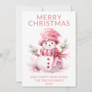 Photo Pink Christmas Snowman Holiday Card