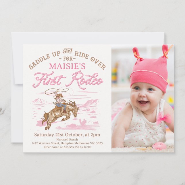 Photo Pink Cowgirl First Rodeo 1st Birthday Invitation (Front)
