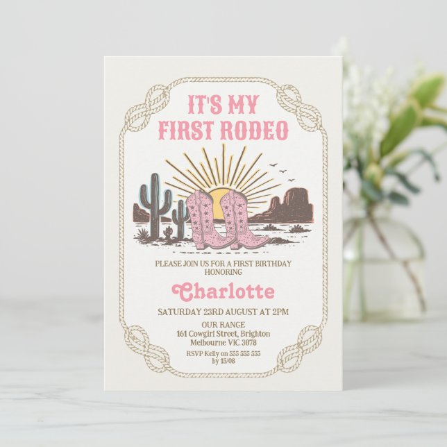 Photo Pink Cowgirl Its My First Rodeo 1st Birthday Invitation (Standing Front)