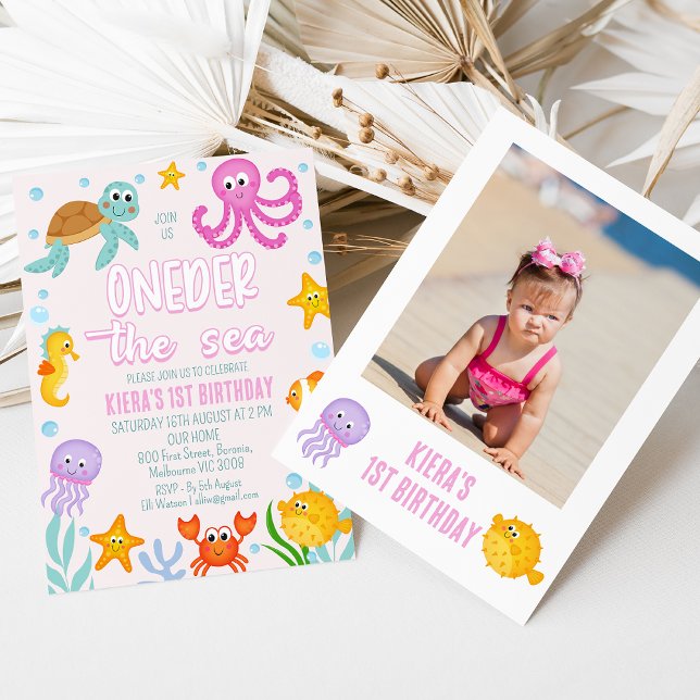 Photo Pink Cute Oneder The Sea 1st Birthday Invitation (Girls Photo Oneder the Sea 1st Birthday Invitation Template, Cute Under the Sea 1st Birthday Invite)