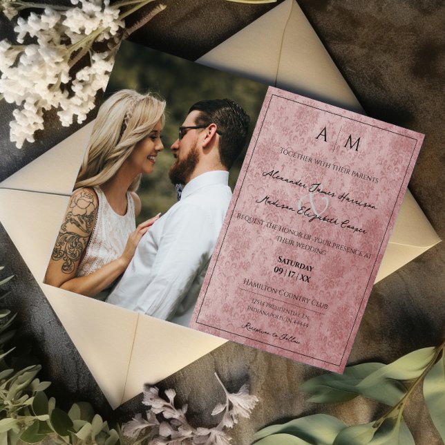 Photo Pink Damask Monogram Wedding Invitation (Pink Photo Damask Monogram Wedding Invitation)