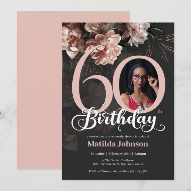 Photo Pink Floral 60th Birthday Custom Invitation (Front/Back)
