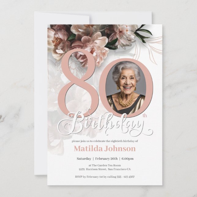 Photo Pink Floral 80th Birthday  Invitation (Front)