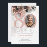 Photo Pink Floral 80th Birthday  Invitation<br><div class="desc">Photo Pink Floral 80th Birthday Invitation. A beautiful and elegant floral design birthday invitation, that features lovely and lush soft pink flowers. This design lets you add a photo of the birthday person and all details is fully customisable. Need help with this template? Contact the designer/creator by clicking on the...</div>