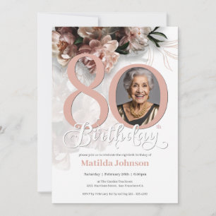 Photo Pink Floral 80th Birthday  Invitation