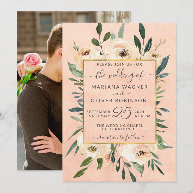 Photo Pink Floral Beige Gold Wedding Invitation (Front/Back)