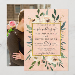 Photo Pink Floral Beige Gold Wedding Invitation