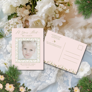 Photo Pink Floral Cottage Core Christmas Holiday Postcard