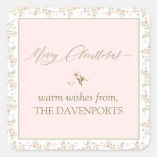 Photo Pink Floral Cottage Core Christmas Square Sticker