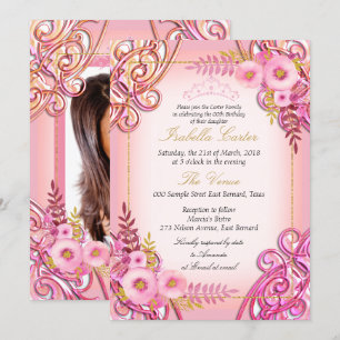 Photo Pink Floral Gold Tiara Birthday Party Invitation