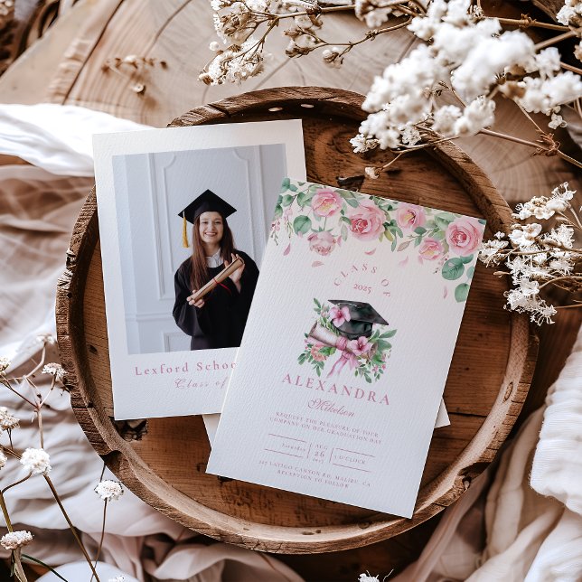 Photo Pink Floral Graduation Invitation (Creator Uploaded)