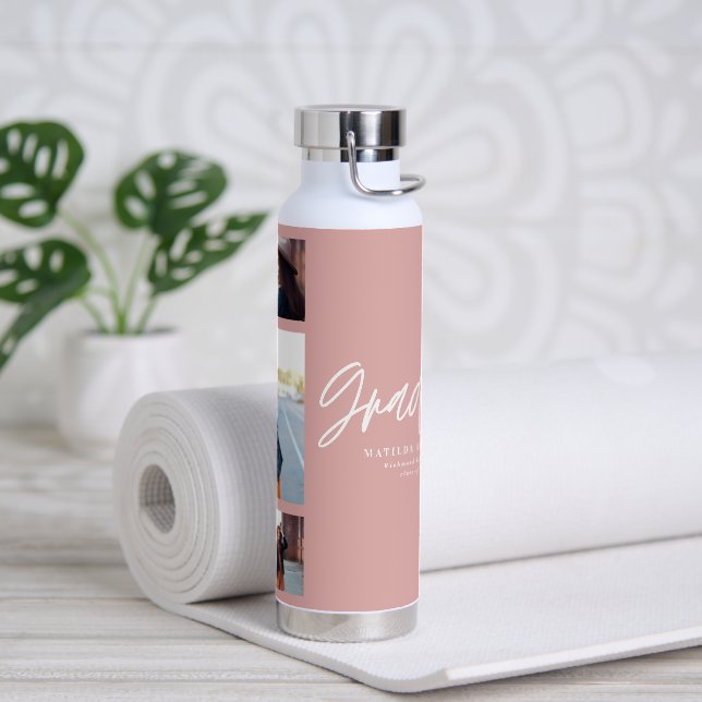 Photo pink girly graduation script modern elegant water bottle (Yoga)
