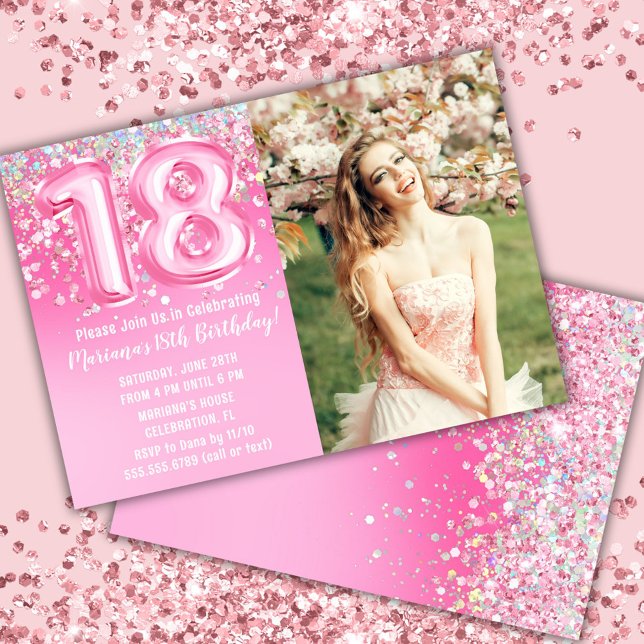 Photo Pink Glitter 18th Birthday Invitation (Creator Uploaded)
