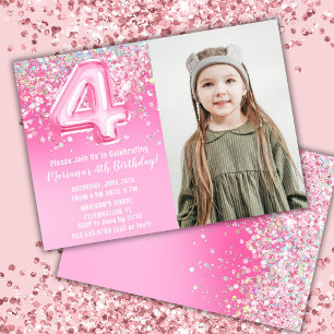 Photo Pink Glitter 4th Birthday Invitation