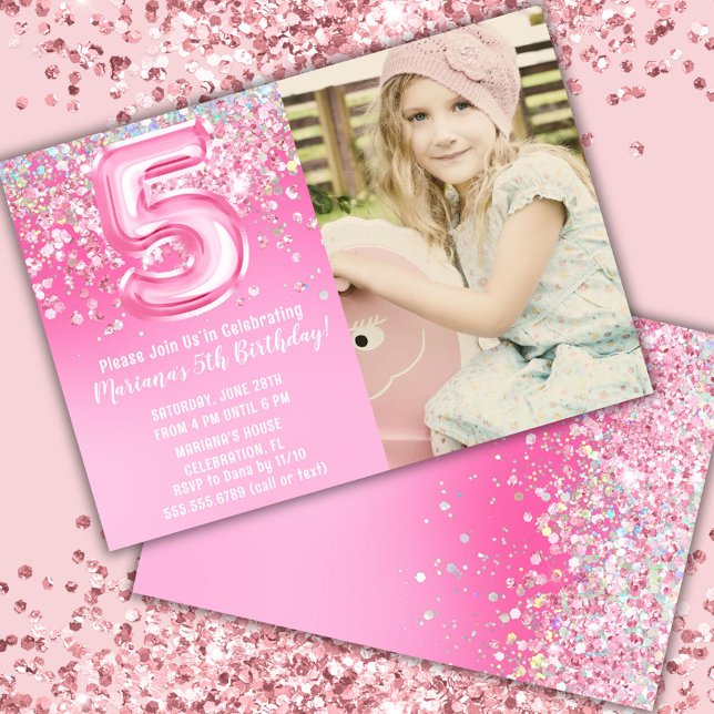 Photo Pink Glitter 5th Birthday Invitation (Creator Uploaded)