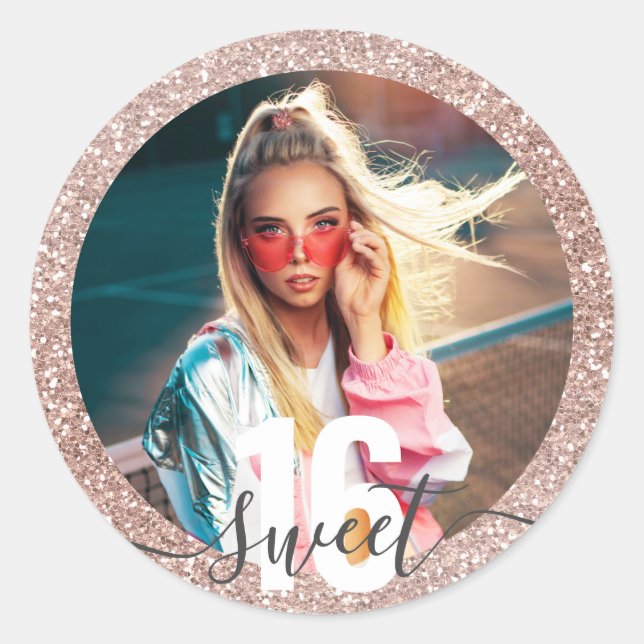Photo Pink Glitter Modern Sweet 16 Birthday Classi Classic Round Sticker (Front)