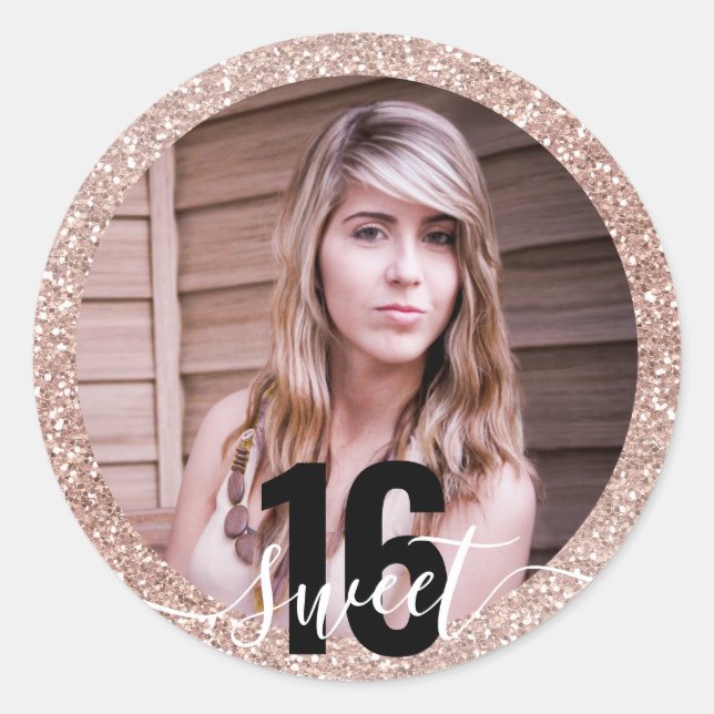 Photo Pink Glitter Ombre Sweet 16th Birthday  Classic Round Sticker (Front)