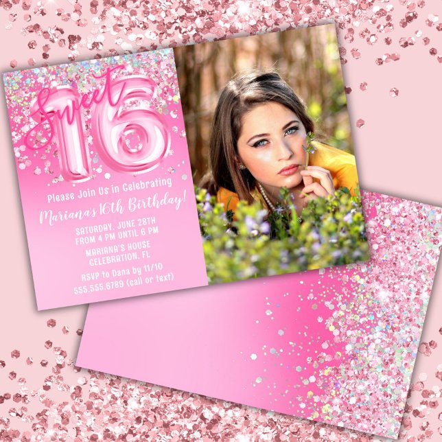 Photo Pink Glitter Sweet 16th Birthday Invitation (Creator Uploaded)