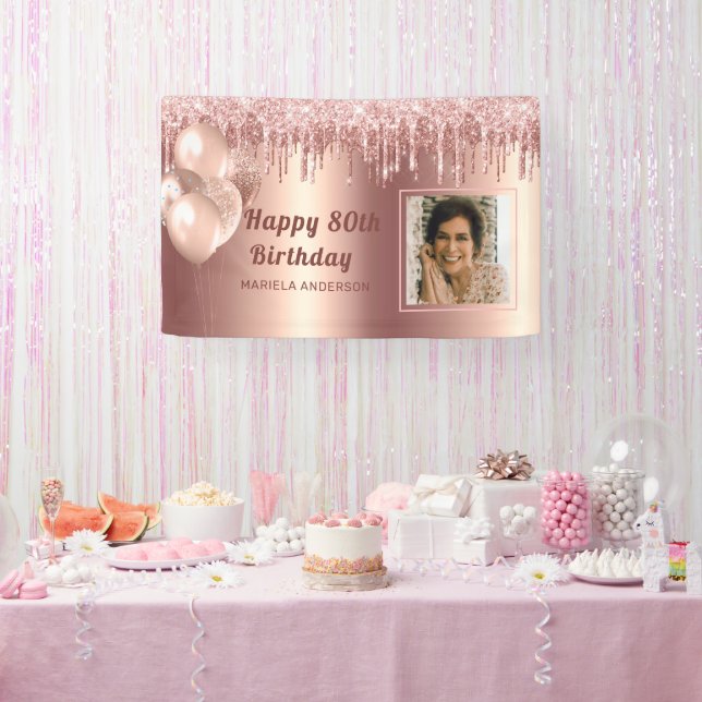 Photo Pink Gold 80th Birthday Personalised glitter Banner (Party)