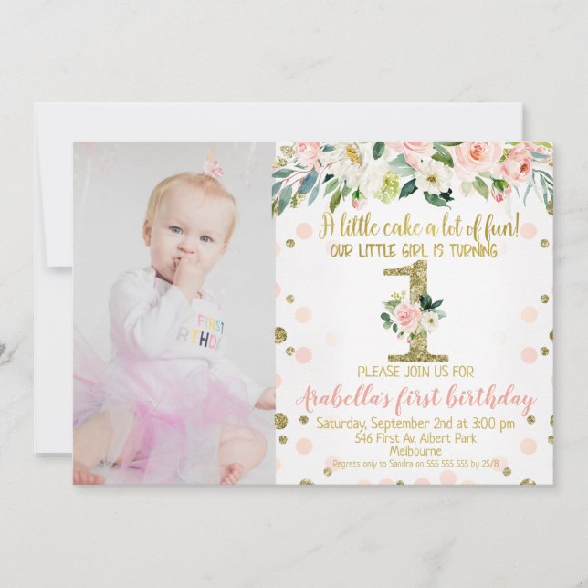 Photo Pink Gold Floral 1st Birthday Invitation (Front)