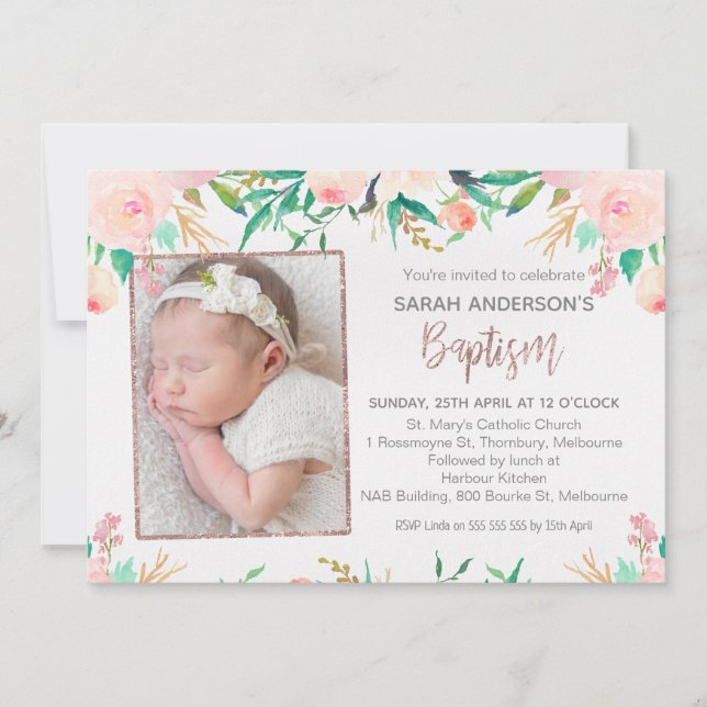 Photo Pink Gold Floral Baptism invitation (Front)