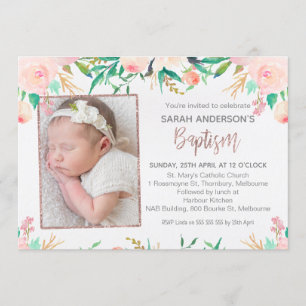 Photo Pink Gold Floral Baptism invitation