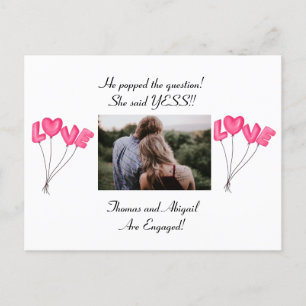 Photo Pink Heart Balloons Engagement Announcement Postcard