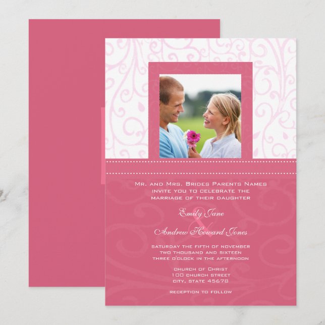 Photo Pink HoneySuckle Swirls Wedding Invitation (Front/Back)