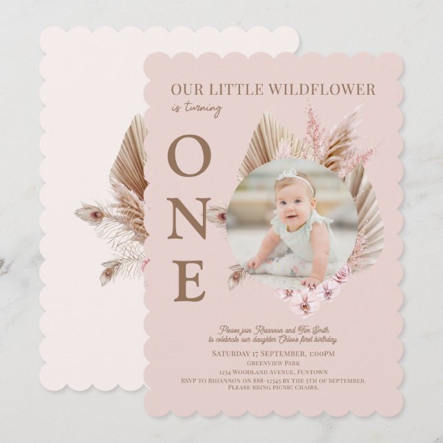 Photo Pink Little Wildflower 1st Birthday Invitation (Front/Back)