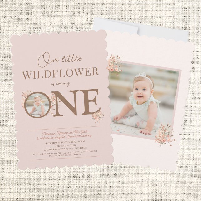 Photo Pink Little Wildflower 1st Birthday Invitation (Pink invitation with custom text and photo - Our Little Wildflower is turning one)