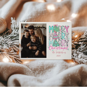 Photo Pink Merry Merry Christmas Tree Holiday Card