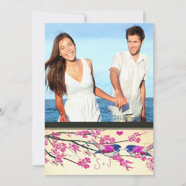 Photo Pink Navy Love Bird Cherry Blossom Wedding Invitation (Front)