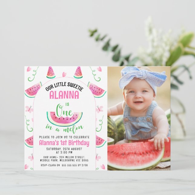 Photo Pink One In A Melon 1st Birthday Invitation (Standing Front)
