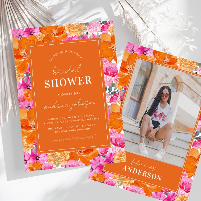 Photo Pink & Orange Vibrant Garden Bridal Shower Invitation (Creator Uploaded)