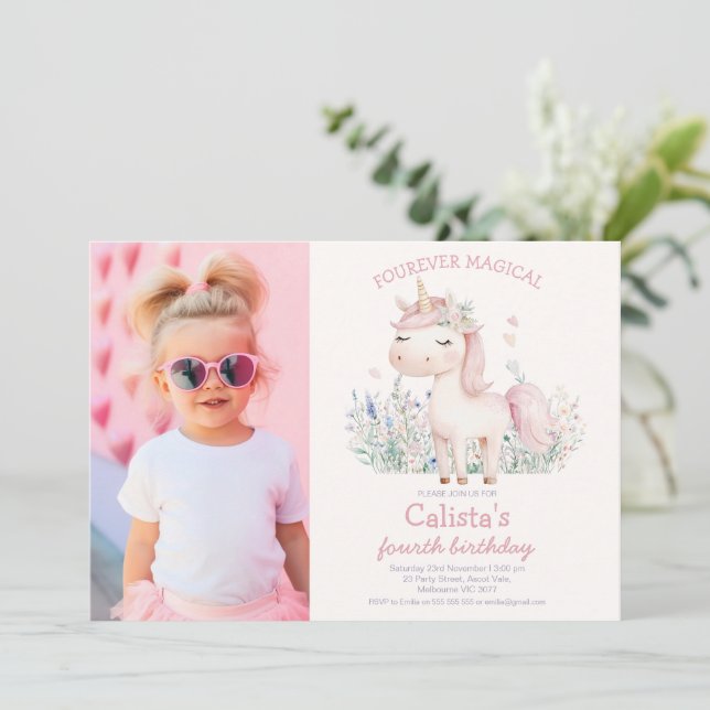 Photo Pink Pastel Unicorn Birthday Invitation (Standing Front)